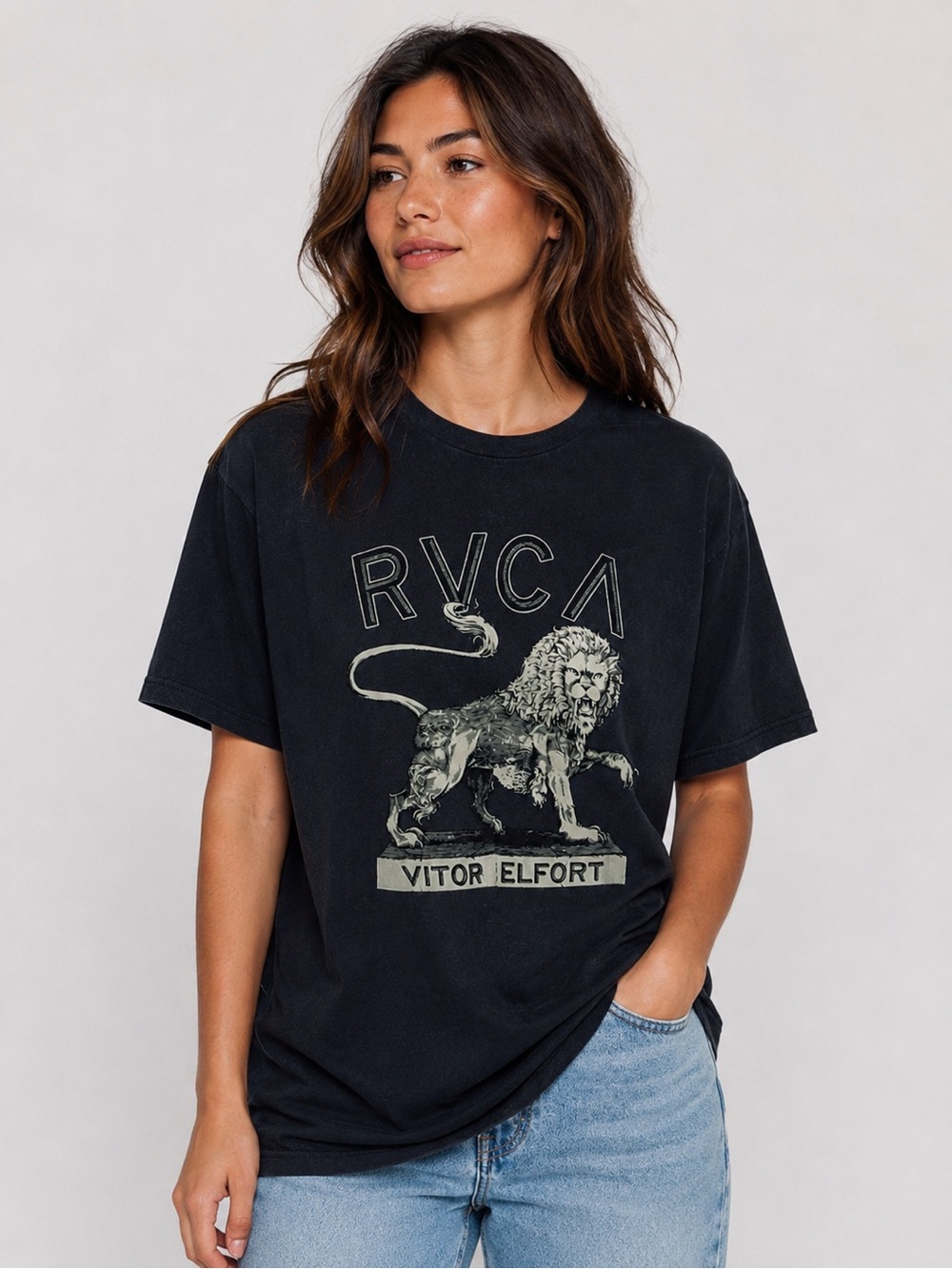 RVCA Vitor Belfort Lion Shirt Unisex Black Cream Casual Streetwear Loose Fit